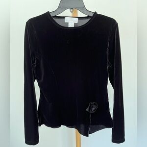 Soft Surroundings Black Velvet-Like Long Sleeve Fitted Top with Rose Accent